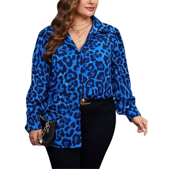 2/$30 SHEIN Clasi Leopard Print Button Front Shirt Blue 6 #A0291 TRB2 - Picture 3 of 11